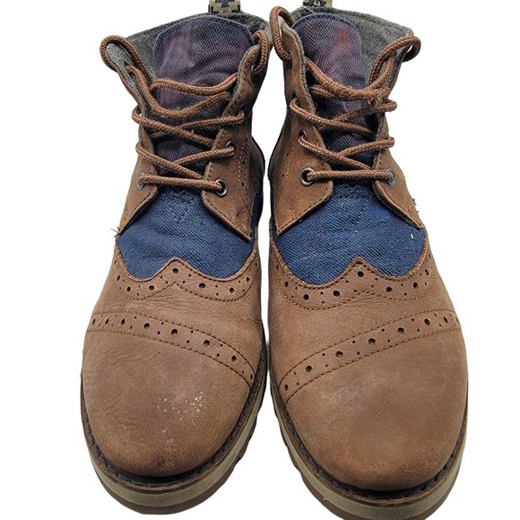 Toms Brogue Boots Mens 9 Vibram Soles Chestnut Brown Leather Navy Herringbone main image 4